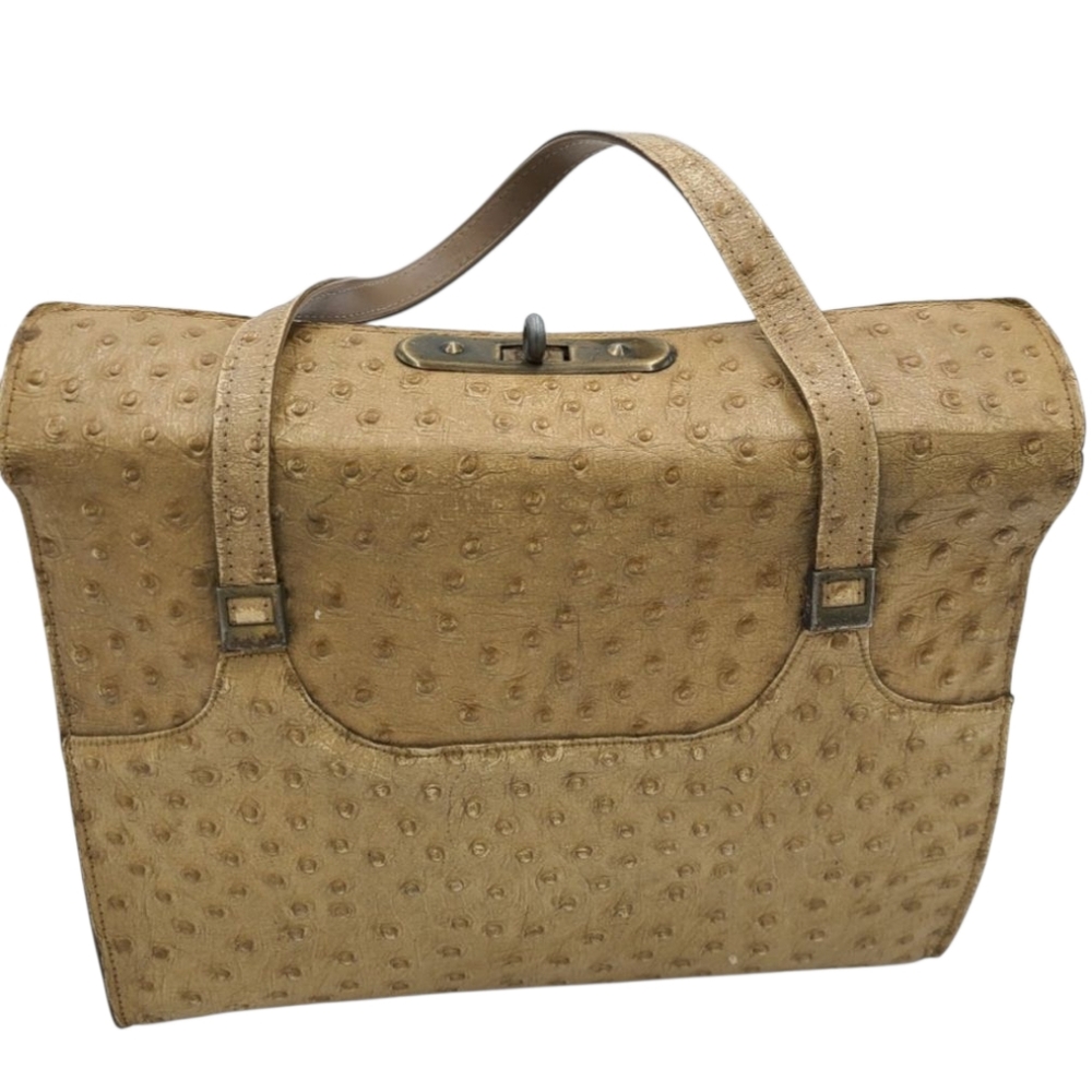 Town And Country Textured Leather Satchel Handbag Purse Tan Ostrich Pattern